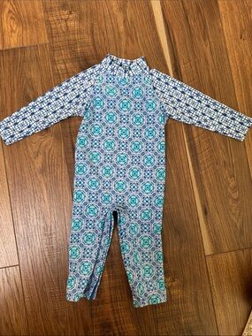 EUC Coolibar Kids Long Sleeve One-Piece Rashguard Swim Suit in Blue/Teal Pattern